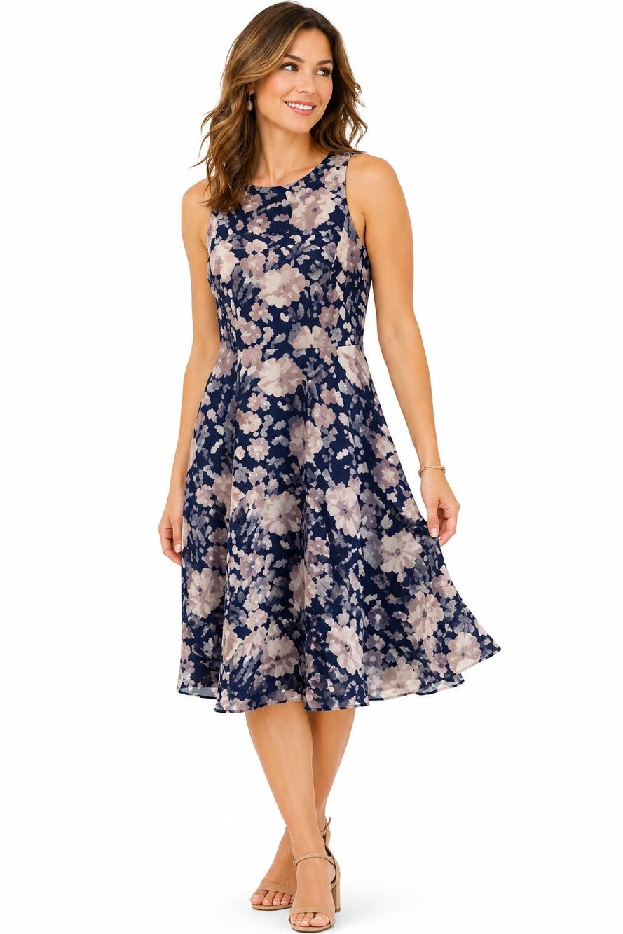 LRR299 Banana Republic Womens S Navy Floral Sleeveless Fit Flare Dress Career